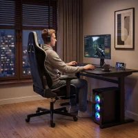 HOMCOM Gaming-Stuhl mit Massage- und beheiztem Lendenkissen, ergonomisch, Leinenoptik, 3D-Armlehnen, Kopfstütze, Schwarz(m-8)