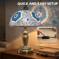 HOMCOM Tiffany Lamp, Stained Glass Bedside Table Lamp with Button Switch and Metal Base, 12 x 12 x 20 Inches, Blue(m-7)