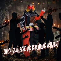HOMCOM Animowany klaun z popcornem na Halloween z wyskakującą głową, strasznymi dźwiękami, muzyką jarmarczną i świecącymi oczami(m-5)