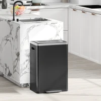 HOMCOM Coș de Gunoi cu 2 Secțiuni de 20L cu Capac Silențios, din Oțel Inoxidabil și PP, 40x34.8x59 cm, Negru(m-2)