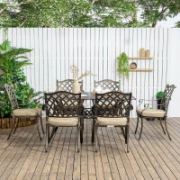 Outsunny 7 PCs Garden Patio Dining Set - Includes Cast Aluminium Outdoor Furniture with Parasol Hole, Six Cushioned Chairs, and Rectangle Dining Table for Garden, Lawn, Deck in Bronze Tone(m-20)