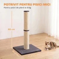 PawHut Ansamblu de Zgâriat Ușor pentru Pisici, 80 cm, cu Frânghie din Sisal, Bază din PAL și Pluș, Gri Închis(m-3)