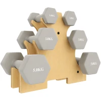SPORTNOW Lot de 3 Paires d'Haltères Hexagonaux Antidérapants 18 kg en Fonte, Revêtement PVC, avec Support en Bois, Gris Clair(m-16)