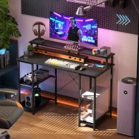 HOMCOM LED Computer Desk, with Power Outlets and Shelves - Carbon Fibre Grey(m-10)
