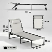 Outsunny Tumbona Plegable, Tumbona Jardín Exterior Reclinable 4 Posiciones con Reposacabezas y Marco de Acero, Carga 120 kg, para Terraza, Piscina, Playa, 189x58x30 cm, Crema(m-3)