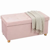 HOMCOM Velvet Upholstered Foldable Ottoman Footrest, Storage Ottoman Bench with Wood Legs for Living Room, Pink(m-1)