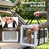PawHut Geantă de Transport Moale Pliabilă pentru Câini de Talie Mică și Pisici, cu Bază Rigidă și Ferestre din Plasă, 49,5x34x35,5 cm, Gri(m-6)