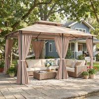 Outsunny Cenador para Jardín 3x4 m Pabellón de Jardín Gazebo con Doble Techo 6 Paredes Laterales Estructura Metálica Caqui(m-2)