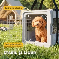 PawHut Geantă de Transport Moale Pliabilă pentru Câini de Talie Mică și Pisici, cu Bază Rigidă și Ferestre din Plasă, 49,5x34x35,5 cm, Gri(m-7)