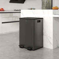HOMCOM Poubelle de cuisine 2 compartiments de 2 x 28L, acier inoxydable, couvercle à fermeture douce, 45,8x36x67,6cm, noir(m-12)