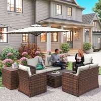 Outsunny Conjunto de Jardín Exterior de Ratán 6 Piezas Cojines Sofá Doble Sofá 3 Plazas 2 Sillones 2 Mesas Auxiliares Beige(m-8)