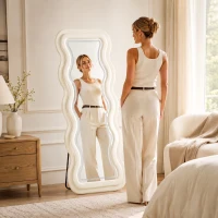 HOMCOM Full Length Mirror, 160 x 60 cm Wavy Full Body Wall Standing Mirror with Velvet Frame and LED Light Strip, Cream White(m-9)
