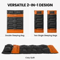 Outsunny Double Sleeping Bag with 2 Pillows, 220 x 160 cm Extra-Large Sleeping Bag for Adults, Grey and Orange(m-4)