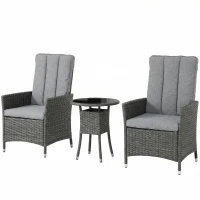 Outsunny Rattan Bistro Set, Reclining Garden Chairs and Glass Coffee Table with Cushions for Patio Balcony Porch, Grey(m-11)