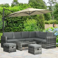 Outsunny 6 Piece Rattan Garden Furniture Set - 8-Seater Outdoor Sofa Sectional with 3 Loveseat Wicker Sofa, Cushions, 2 Footstools, and Glass Table for Yard, Poolside, Grey(m-10)
