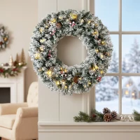 HOMCOM Schneebesetzte Weihnachtsgirlande 60 cm mit LED-Lichtern, Tartan-Schleife, Zweige, Zapfen, Beeren, Grün(m-5)
