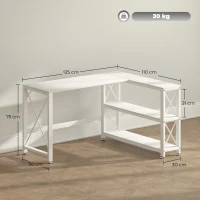 HOMCOM Bureau d'angle modulable réversible, bureau avec rangement, étagère de rangement, cadre en métal, 135x110x75cm, blanc(m-3)