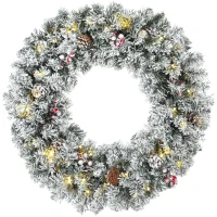 HOMCOM Schneebesetzte Weihnachtsgirlande 60 cm mit LED-Lichtern, Tartan-Schleife, Zweige, Zapfen, Beeren, Grün(m-8)
