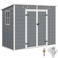 Outsunny 2,4 x 1,3 m Gartenschuppen, Kunststoff-Gartenhaus mit Boden, Fenster, verschließbare Türen, für Garten, Terrasse, Grau(m-12)