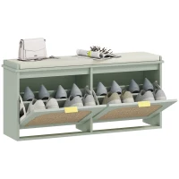 HOMCOM Banc à chaussures, banc de rangement, assise rembourrée, tiroirs rabattables, porte en rotin, 104 x 26 x 47,5 cm, vert(m-13)