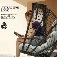 Outsunny Outdoor PE Rattan Swing Chair with Foldable Basket and Cushion, Garden Patio Hanging Egg Chair with Metal Stand, Headrest for Indoor and Outdoor, Black(m-6)