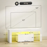HOMCOM Meuble TV, meuble télé avec éclairage LED RGB, haute brillance, étagères en verre trempé, 120x34x45cm, blanc(m-3)