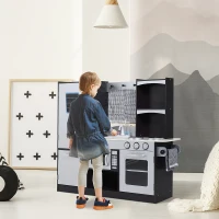 HOMCOM Cuisine pour enfants en bois dinette jeu d'imitation éducatif complet nombreux accessoires & rangements inclus MDF pin 105 x 32 x 95 cm argenté et noir(m-10)