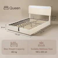 HOMCOM Lit Coffre 160 x 200 cm, LED RGB, Tête Réglable, Cadre de Lit Double Rembourré Velours, Rangement Hydraulique, Crème(m-3)