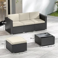 Outsunny Conjunto de Muebles de Ratán de Jardín Sofá de 3 Plazas Taburete y Mesa de Centro con Encimera de Cristal Negro(m-3)