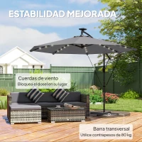 Outsunny Parasol Excéntrico con Luces LED Solares 330x295 cm Sombrilla con Base Cruzada Manivela Funda Protectora Gris Oscuro(m-6)