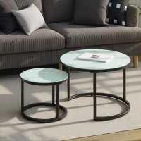 HOMCOM Glass Coffee Table Set of 2, Round Nest of Tables with Marble-Effect Tempered Glass Tabletop and Steel Frame, Modern Side Tables for Living Room, White(m-10)