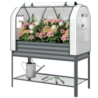 Outsunny Galvanised Raised Planter with Greenhouse Cover, Metal Raised Garden Bed on Legs with Bed Liner and Bottom Shelf(m-11)