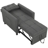 HOMCOM Fotoliu Pat Single 3 în 1 din Material Textil Tip In și Lemn cu Spătar Reclinabil, Pernă, Buzunare, Gri(m-1)