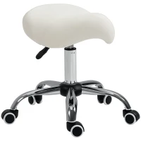 HOMCOM Height Adjustable Saddle Stool with Swivel Wheels, Faux Leather Salon Chair for Hairdressing, Beauty, Tattoo, White(m-11)