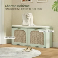 HOMCOM Banc à chaussures, banc de rangement, assise rembourrée, tiroirs rabattables, porte en rotin, 104 x 26 x 47,5 cm, vert(m-4)