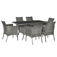 Outsunny Ensemble Salon de Jardin 6 Personnes - Grande Table rectangulaire, 6 fauteuils - 6 Coussins d'assise déhoussables Inclus - métal époxy Verre trempé 5 mm résine tressée Grise(m-12)