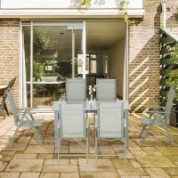 Outsunny 7 Piece Garden Dining Set, Outdoor Table and 6 Folding and Reclining Chairs, Aluminium Frame, Tempered Glass Top Table, Texteline Seats, Grey(m-10)