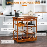 HOMCOM Rolling Kitchen Island Trolley Cart Drawer Shelves Basket Wheels W/  6 Bottle Wine Rack, Honey Colour(m-4)