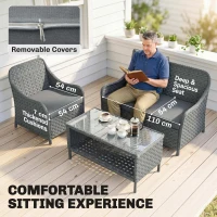 Outsunny 4-Piece Wicker Patio Furniture Set with 2 Armchairs, Loveseat, Glass Coffee Table, Conversation Sofa Set, Dark Grey(m-4)