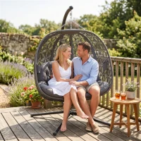 Outsunny Outdoor Double Hanging Chair with Cushion and Cup Holders, Charcoal Grey(m-9)