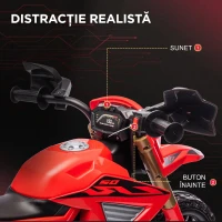 AIYAPLAY Motocicletă Electrică pentru Copii 3-8 Ani, 2 Motoare 12V, Roți Ajutătoare și Claxon, 3 Km/h, 30 Kg, Roșu(m-6)