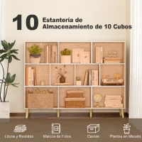 HOMCOM Librería de 3 Niveles con 10 Cubos Patas de Madera Maciza 140x24x107 cm Blanco(m-4)