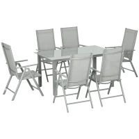 Outsunny 7 Piece Garden Dining Set, Outdoor Table and 6 Folding and Reclining Chairs, Aluminium Frame, Tempered Glass Top Table, Texteline Seats, Grey(m-1)