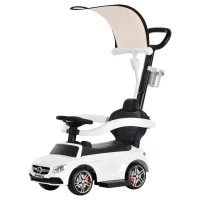 HOMCOM Correpasillo para Niños Mayores de 1 Año Cochecito Automóvil Diseño 3 en 1 Empujador Andador Función de Bocina con Capota Reposapiés Portavasos 84x40x83 cm Blanco(m-12)