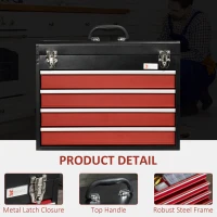 DURHAND 4 Drawer Tool Chest, Lockable Metal Tool Box with Ball Bearing Runners, Portable Toolbox, 510mm x 220mm x 395mm, Black(m-4)