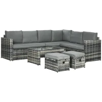 Outsunny 6 Piece Rattan Garden Furniture Set - 8-Seater Outdoor Sofa Sectional with 3 Loveseat Wicker Sofa, Cushions, 2 Footstools, and Glass Table for Yard, Poolside, Grey(m-11)