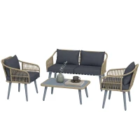Outsunny 4 Piece Rattan Garden Furniture Set with Loveseat, Armchairs, Wood Table, Wicker Patio Conversation Set, Grey(m-15)