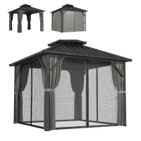 Outsunny Pavillon 3 x 3 m à toit rigide avec cadre en aluminium et toit double en acier galvanisé, gris foncé(m-12)