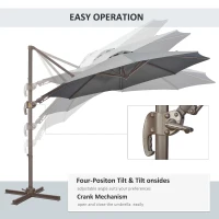 Outsunny 3(m) Cantilever Parasol with 360° Rotation Roma Umbrella, Hanging Sun Shade with Aluminium Frame, Tilt Crank, 8 Ribs and Cross Base, Dark Grey(m-4)