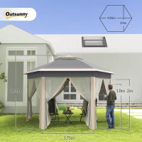 Outsunny Hexagon Pop Up Gazebo Outdoor Patio Gazebo Double Roof Instant Shelter with Netting, 3 x 4m, Khaki(m-3)